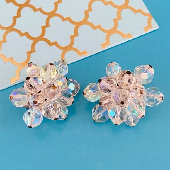 Vintage AB Aurora Borealis Cluster Clip-on Earrings - Picture 1 of 4